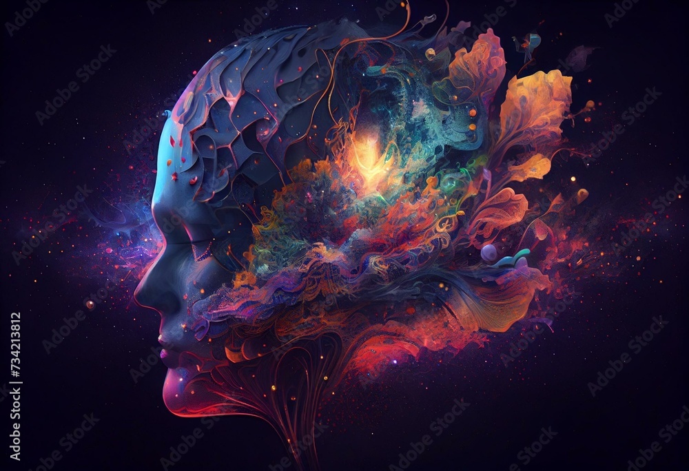 Fantasy Space Illustration: A Conceptual Art of a Brain Mask with Starry Fractals, Mystical Beauty, and Alien Imagination, in a colorful carnival of Consciousness and Dreams. Generative AI - obrazy, fototapety, plakaty 