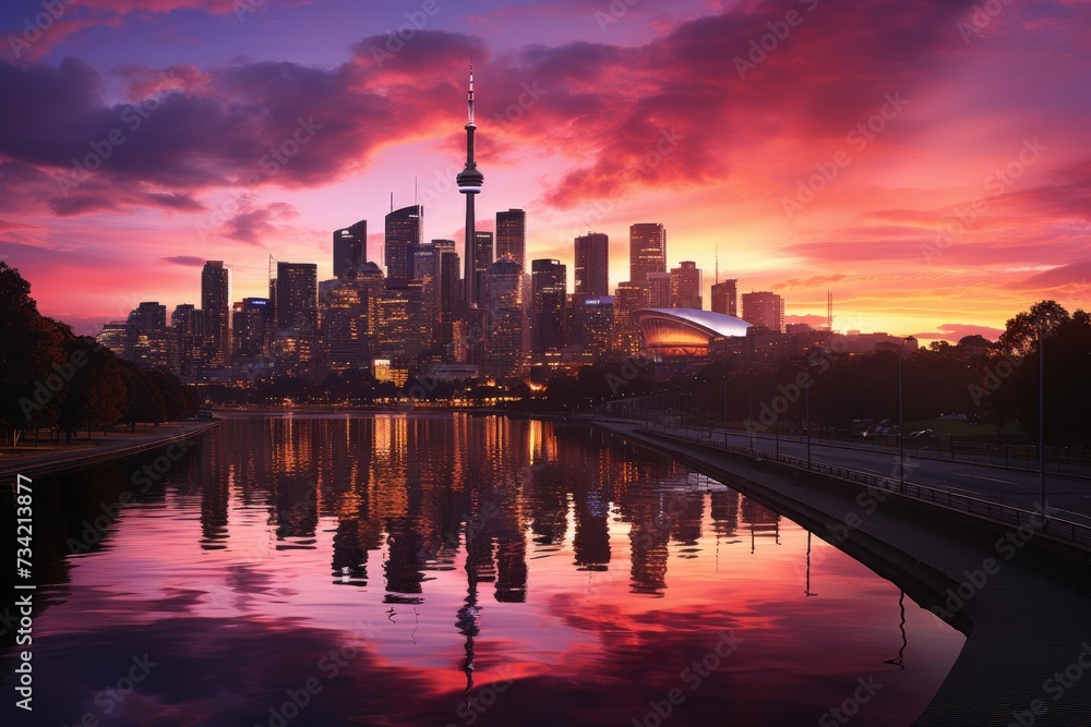 Spectacular sunset over urban buildings., generative IA