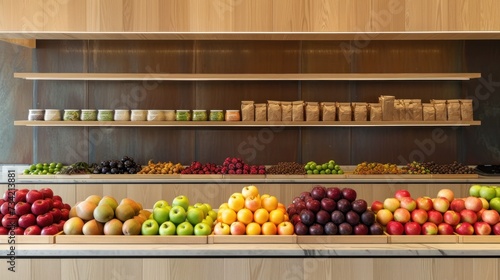  a display in a store filled with lots of different types of fruits and veggies on wooden shelves next to a shelf filled with jars of juices and condiments.