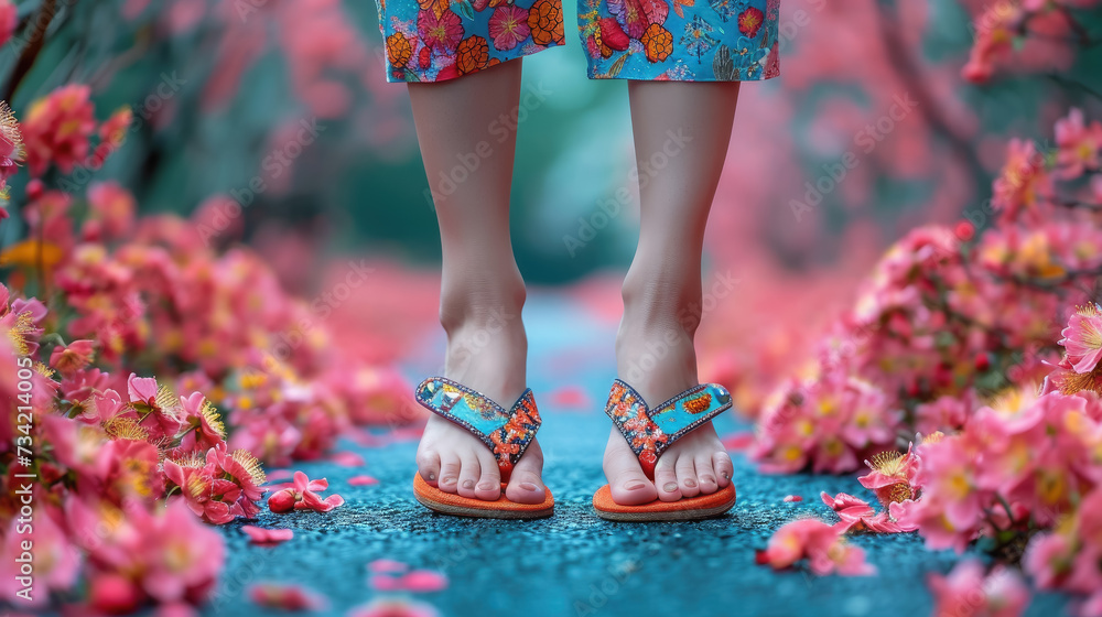 woman's feet in Japanese geta shoes, pink sakura flowers on the ground ...