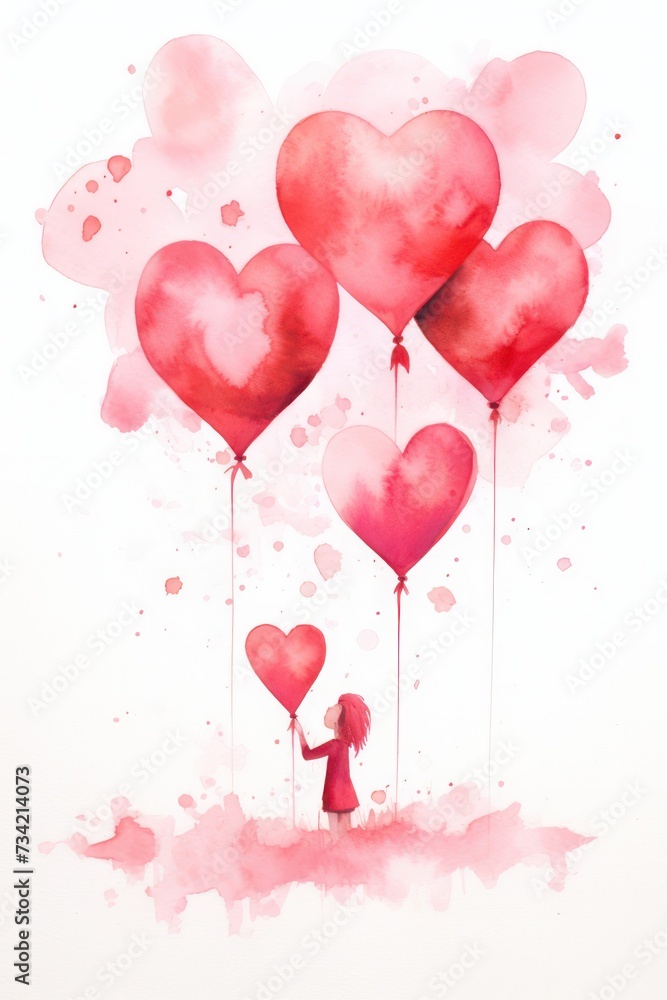 girl holding pink  heart balloons valentines day hearts vertical card watercolor illustration 