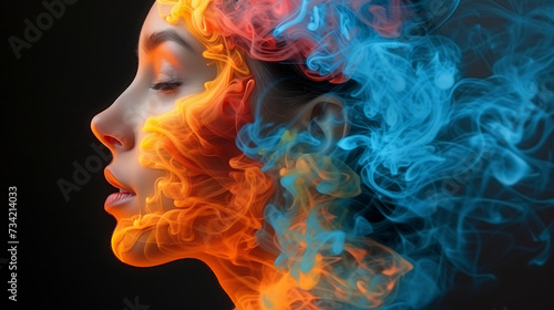 Color and orange smoke with a woman on black background, in the style of azure and amber, vibrant colorism, photo-realistic techniques, hyper-detailed 