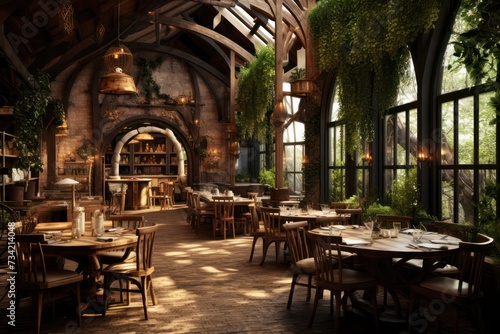vegan rustic restaurant eco interior in green highlands in jungle with big windows, bamboo wooden furniture. Trendy design.