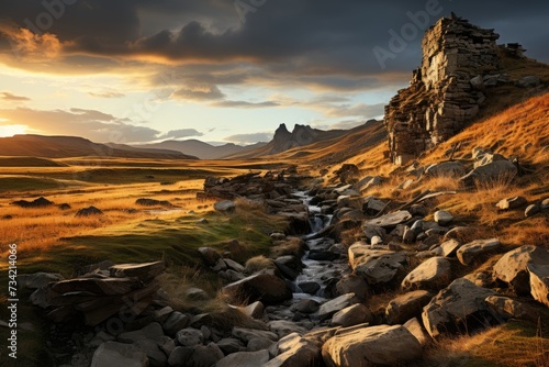 Plateau with rock formations carved by the wind at dusk., generative IA