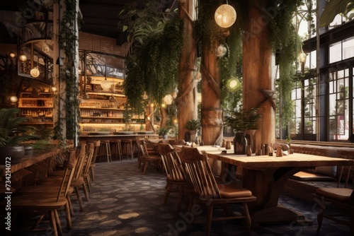 vegan rustic restaurant eco interior in green highlands in jungle with big windows, bamboo wooden furniture. Trendy design. photo