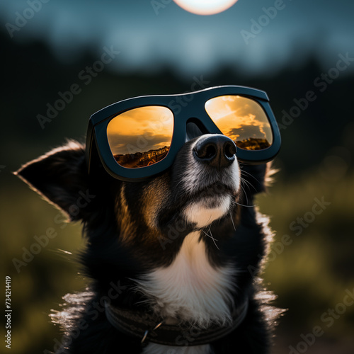 a dog looking at a total solar eclipse with protective glasses on. Reflection of the total solar eclipse in the glasses photo