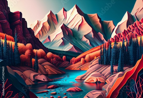 Illustration of mountains, stylized mountains and river. colorful illustration of the beauty of nature. Generative AI
