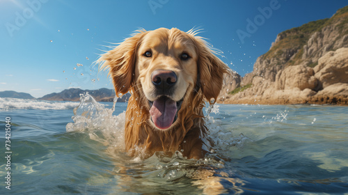 Joyful golden retriever dog splashing in the clear blue sea under the bright sky. Perfect capture of pet’s playtime at the beach