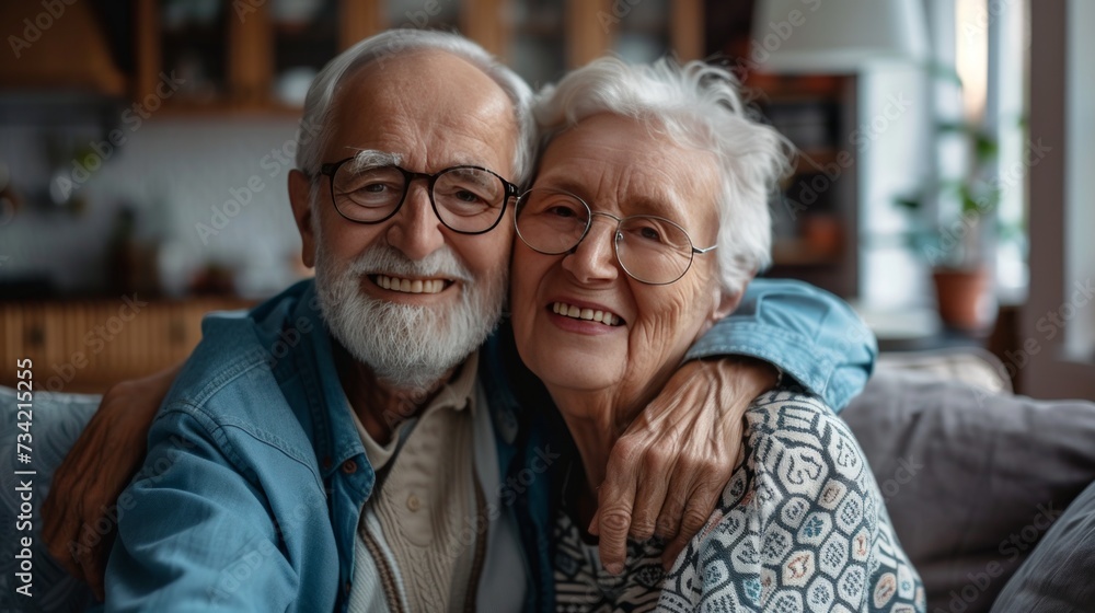Older Couple Looking Happy Together on Couch Generative AI Older Couple Looking Happy Together on Couch Generative AI