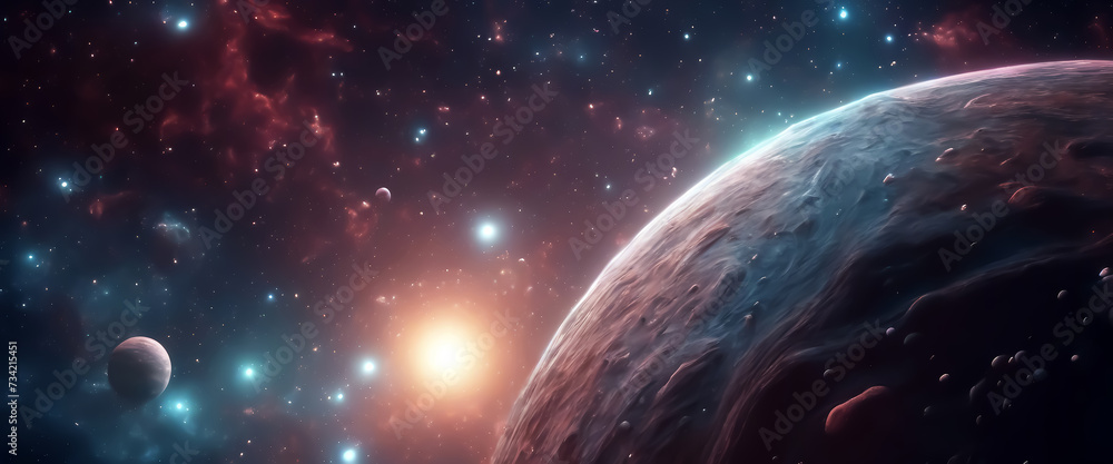 Obraz premium Planets in space. Boundless universe. Space nebulas. Star clusters. Other worlds. Fantastic space background. AI generated