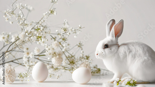 Easter scene with a white rabbit  two eggs  and delicate flowers symbolizing spring   s renewal. Easter background