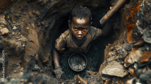 A child working illegally in a mine in difficult conditions. Illegal forced child labor. The concept of illegal human trafficking