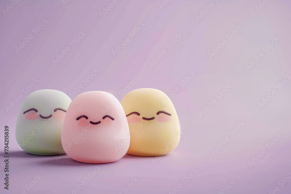 Mochi of different flavors with cute faces. Light purple color background. Space for text. 