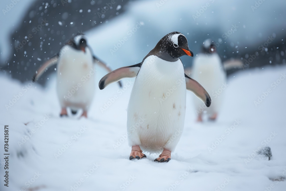 Fototapeta premium Snowy Strut: Penguins Strolling Against a White Backdrop