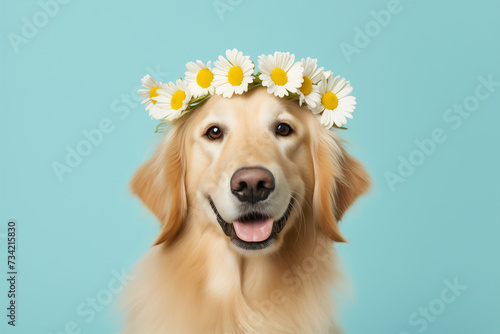 Joyful golden retriever dog with white daisies on his head on a bright pastel blue background photo