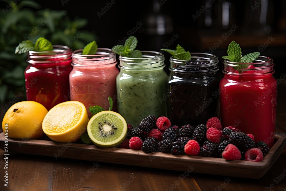 Vibrant colors detox juices aligned on table., generative IA Vibrant colors detox juices aligned on table., generative IA