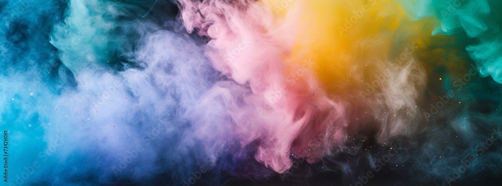 Rainbow powder dust explosion, background color. Abstract powder splash paint explode texture wallpaper concept cloud creative dust. Ink rainbow smoke design.