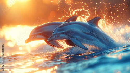 Two dolphins leap joyfully from the ocean's surface at sunset, with water splashing around © weerasak