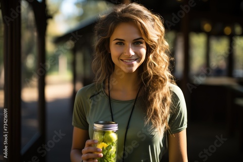 Active person smiling with post-exercise detox juice jar.  generative IA
