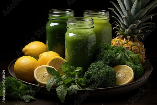 Vibrant ingredients for detox juice pineapple, spinach and mint., generative IA