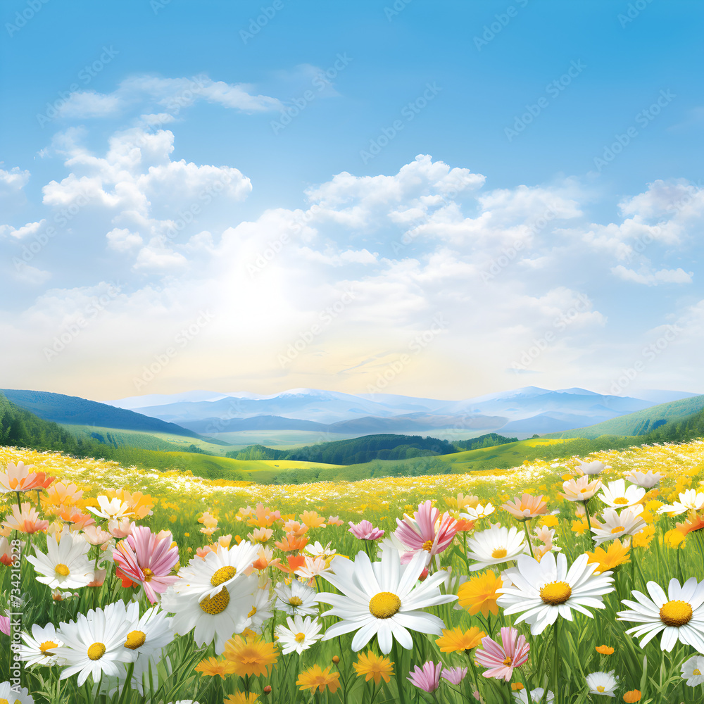 Summer panoramic landscape with blooming field of daisies in the grass, blue sky at daylight 