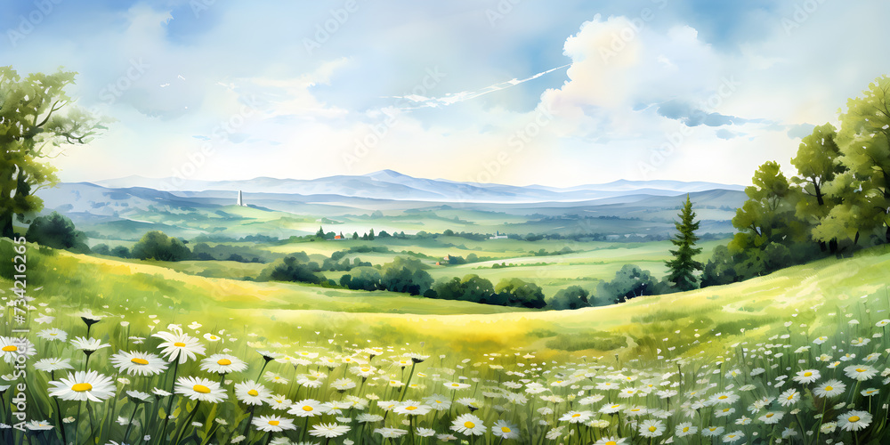 Watercolor illustration of spring panoramic landscape with blooming field of daisies in the grass