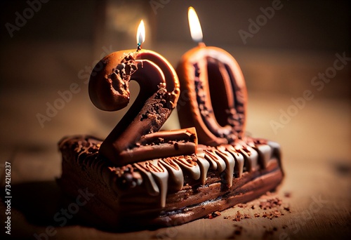 Number 20 shaped chocolate birthday cake with lit candle. Generative AI photo