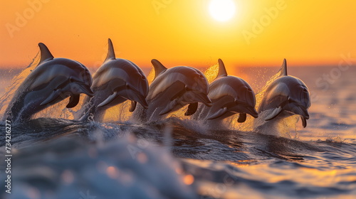group of dolphins swims together in the ocean at sunset, creating splashes against the orange sky © weerasak