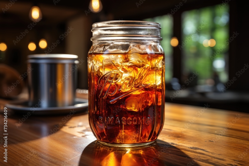 Coffee chilled in a glass jar on the table., generative IA Coffee chilled in a glass jar on the table., generative IA