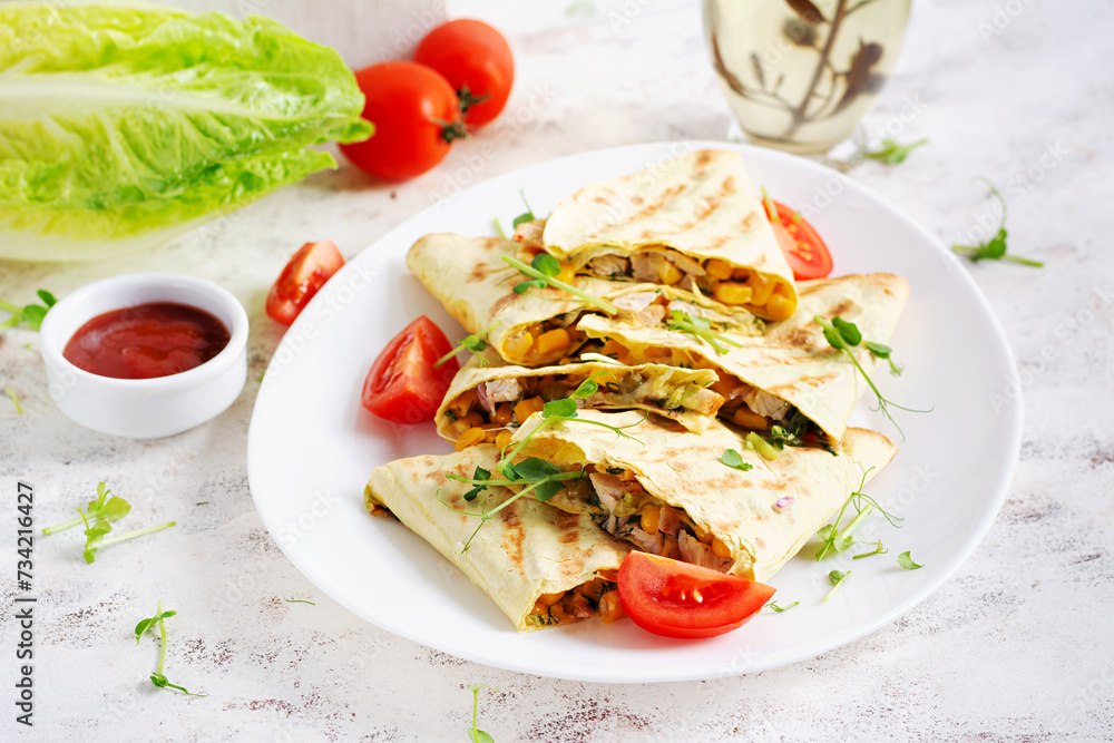 Mexican Quesadilla wrap with chicken, corn and sweet pepper on white plate. Mexican Quesadilla wrap with chicken, corn and sweet pepper on white plate.