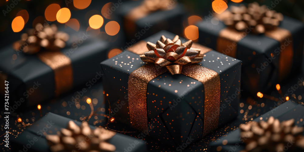 Glowing Shadows: Black and Gold Gifts in Soft Bokeh Glowing Shadows: Black and Gold Gifts in Soft Bokeh