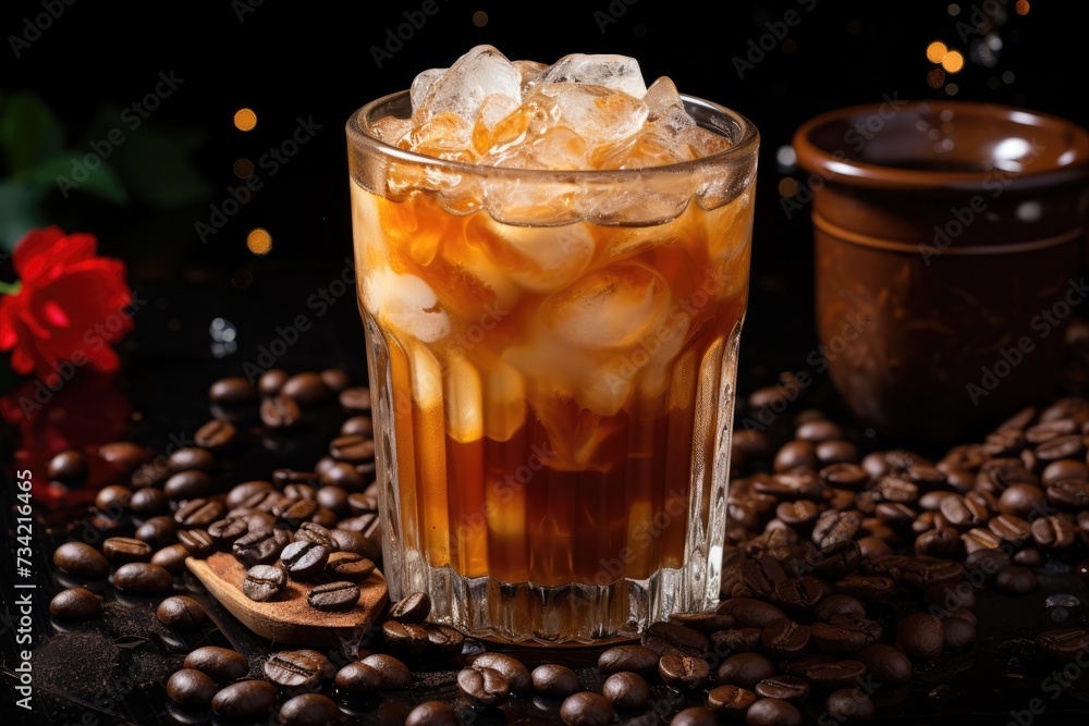 Coffee chilled in a high glass, condensation and cinnamon., generative IA Coffee chilled in a high glass, condensation and cinnamon., generative IA