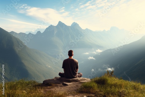 Meditation landscape and man sitting on a mountain top for mindfulness and spirituality. Peaceful, stress free and focus in nature with view, for mental health, Ai generated © Tanu