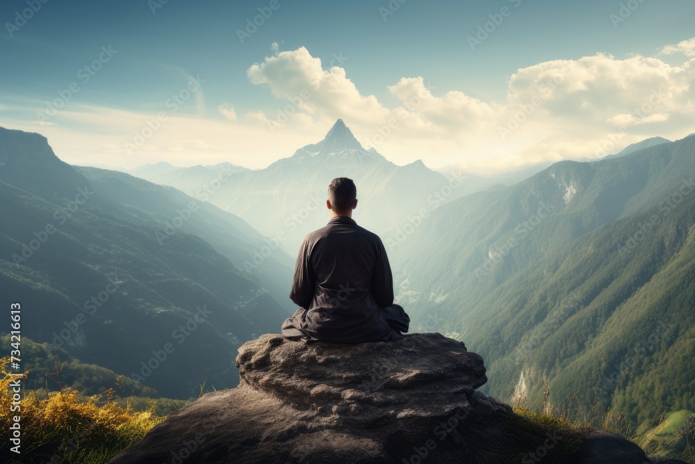 Meditation landscape and man sitting on a mountain top for mindfulness and spirituality. Peaceful, stress free and focus in nature with view, for mental health, Ai generated Meditation landscape and man sitting on a mountain top for mindfulness and spirituality. Peaceful, stress free and focus in nature with view, for mental health, Ai generated