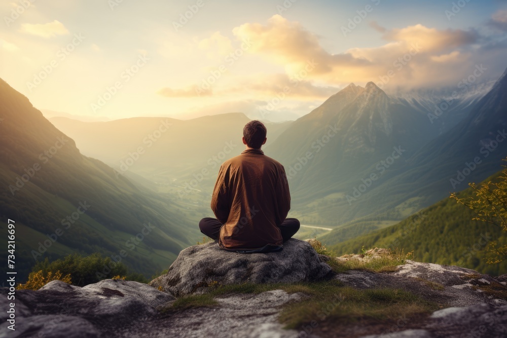 Meditation landscape and man sitting on a mountain top for mindfulness and spirituality. Peaceful, stress free and focus in nature with view, for mental health, Ai generated