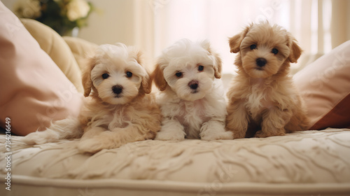 Three Maltipoo puppies a mix of Maltese and Poodle breeds, are sitting on the couch. generative AI