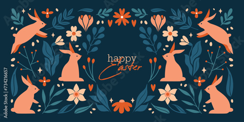 Elegant horizontal web banner to Happy Easter Day. Cute vector card, invitation with ornament of rabbits, bunnies, plants, flowers, spring daffodils, calligraphy on dark background. Springtime