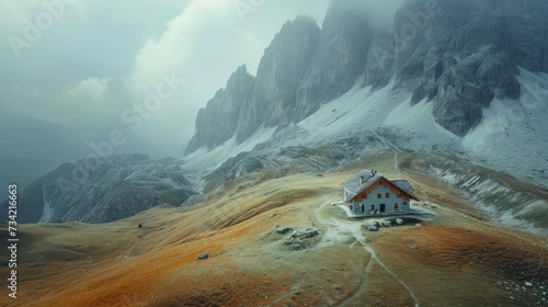  a house in the middle of a mountain range with a snow covered mountain in the back ground and clouds in the sky over the top of the top of the mountain.