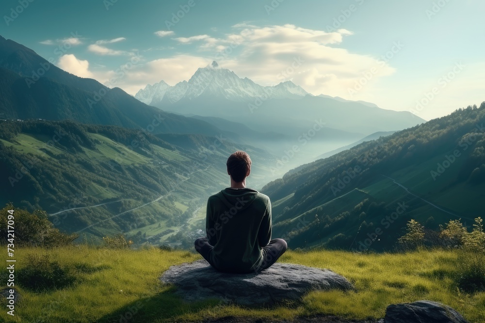Fototapeta premium Meditation landscape and man sitting on a mountain top for mindfulness and spirituality. Peaceful, stress free and focus in nature with view, for mental health, Ai generated