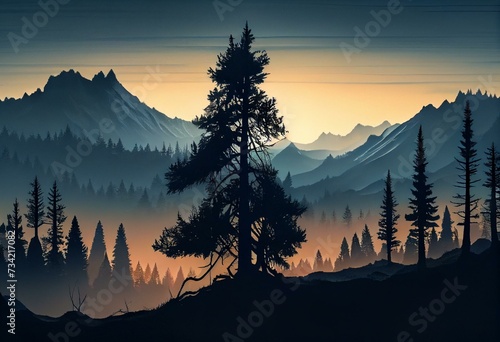 Twilight landscape with fog. Forest Christmas tree, spruce, spruce and evening sun. Illustration of panoramic silhouette, fog and mountains silhouette. Generative AI © Aphrodite