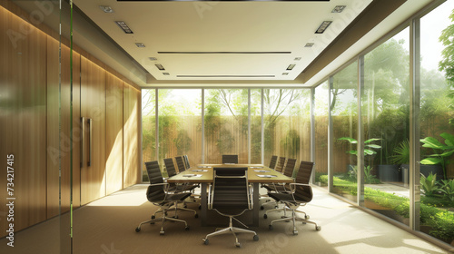 modern contemporary meeting conference room modern office interior design space decorating with wooden wall and beautiful office furniture with garden background and window glass view