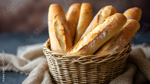 Crispy Perfection: Freshly Baked Baguette in a Rustic Kitchen Scene. Generative AI