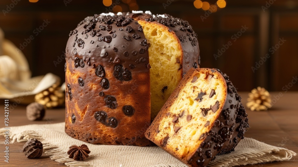 a bundt cake with a slice cut out of it sitting on a napkin on a wooden table with a string of lights behind the bund bundt cake.