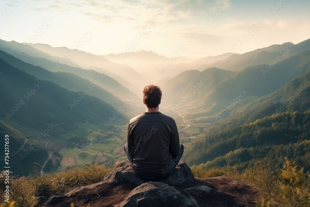 Meditation landscape and man sitting on a mountain top for mindfulness and spirituality. Peaceful, stress free and focus in nature with view, for mental health, Ai generated Meditation landscape and man sitting on a mountain top for mindfulness and spirituality. Peaceful, stress free and focus in nature with view, for mental health, Ai generated