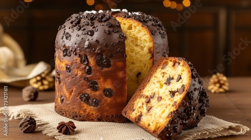 Obraz na płótnie a bundt cake with a slice cut out of it sitting on a napkin on a wooden table with a string of lights behind the bund bundt cake. w salonie