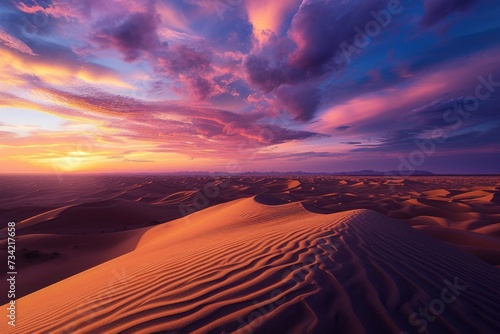 An expansive desert landscape at sunset  vivid colors in the sky  dunes creating patterns  portraying the beauty of wilderness. Resplendent.