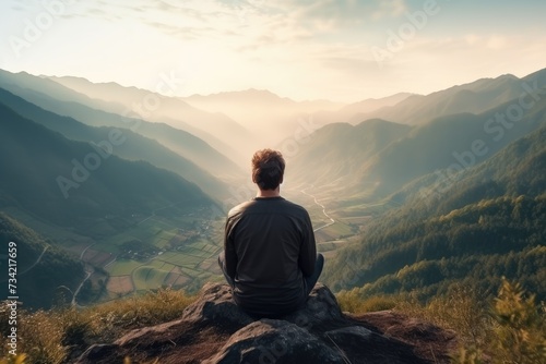 Meditation landscape and man sitting on a mountain top for mindfulness and spirituality. Peaceful, stress free and focus in nature with view, for mental health, Ai generated © Tanu