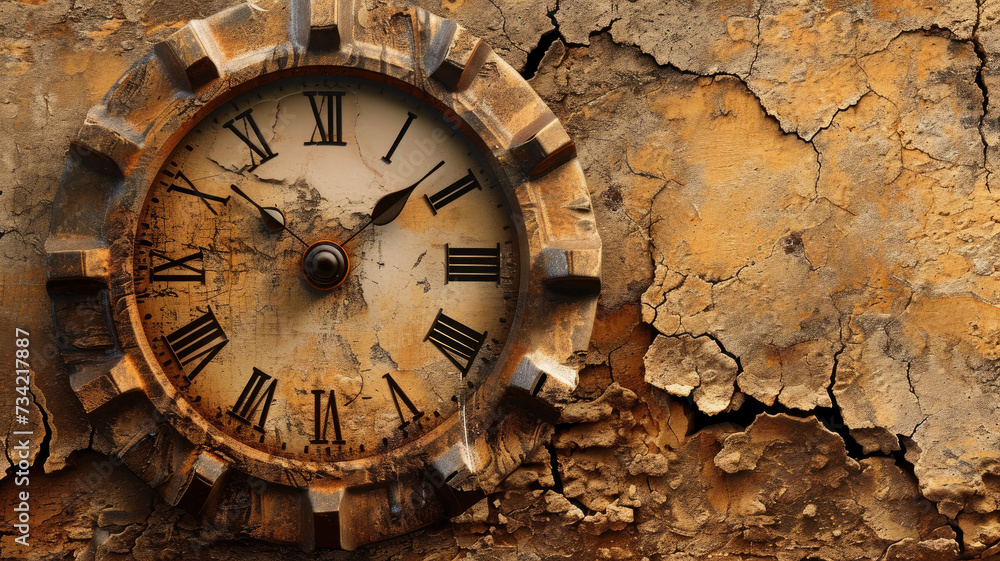 watch dial rusty metal case,on a cracked wall background concept of passing time