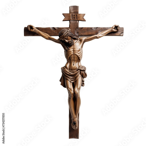 Wooden Catholic Cross: PNG Image of Crucified Jesus on White Background