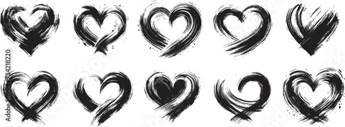 black and white vector set paint stroke, Grunge vector abstract hand - painted hearts. Set of black brush stroke and texture